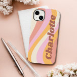 Girly Retro Vintage Wave Personalised Name Case-Mate iPhone 14 Plus Case<br><div class="desc">Girly Retro Vintage Wave Personalised Name iPhone Smart Phone Cases features a retro wave in shades of pink, orange and white with your personalised name in elegant trendy modern script accented. Personalise by editing the text in the text box provided. Perfect for birthday, Christmas, Mother's Day, baby showers, bridal showers,...</div>
