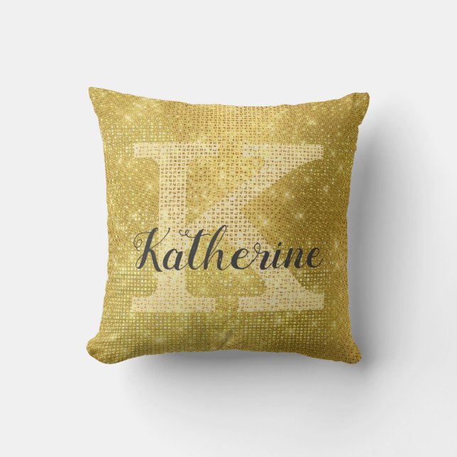 Girly Rich Gold Glitter Glam Sparkle Monogram Name Cushion (Front)
