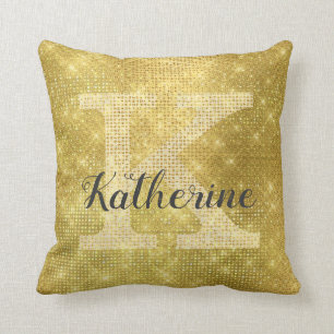 Girly Rich Gold Glitter Glam Sparkle Monogram Name Cushion