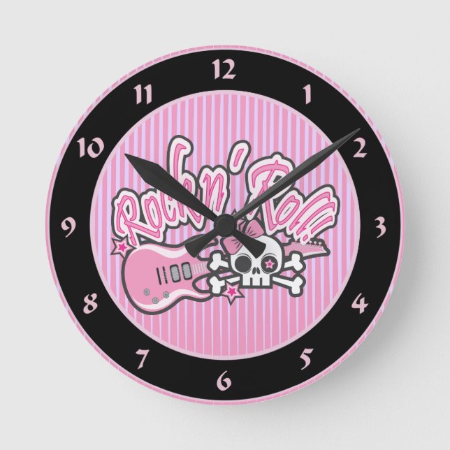 Girly Rock n' Roll Skull Round Clock (Front)
