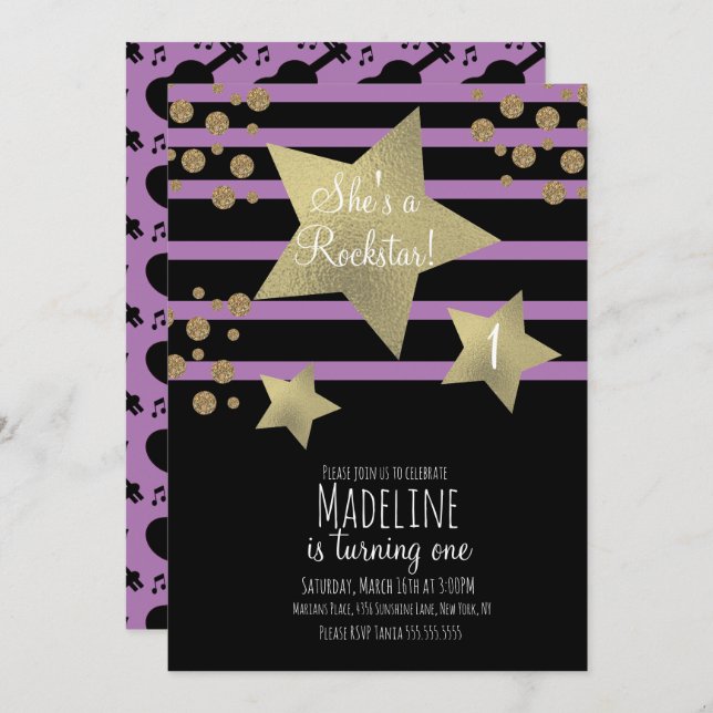 Girly Rockstar Guitar Faux Gold Star Birthday Invitation (Front/Back)