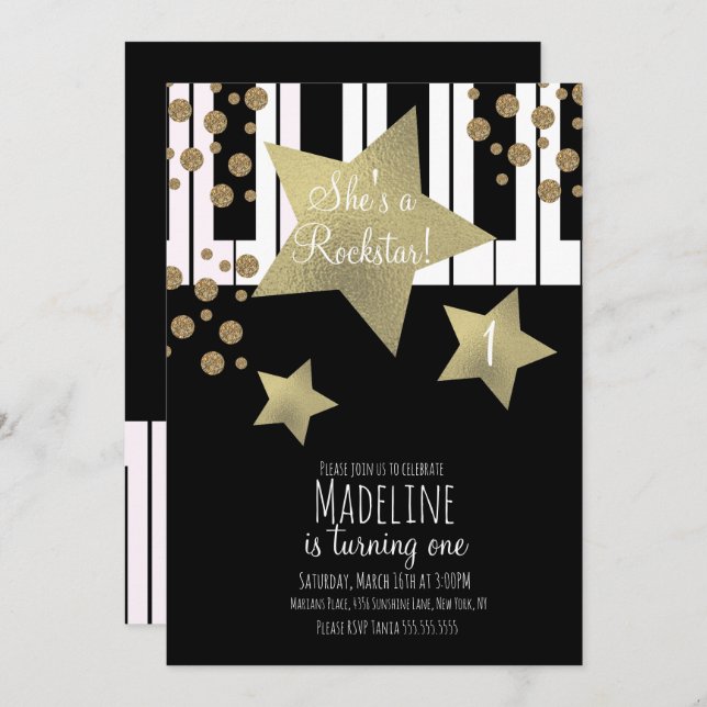 Girly Rockstar Guitar Faux Gold Star Piano Invitation (Front/Back)