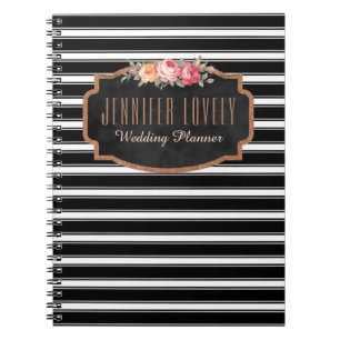 Girly Rose Gold B&W Stripes Your Name Monogram Notebook