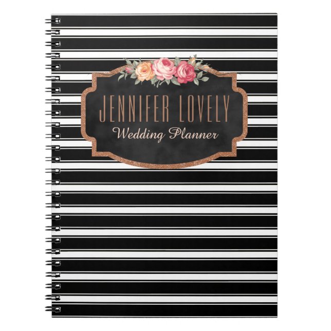 Girly Rose Gold B&W Stripes | Your Name Monogram Notebook (Front)