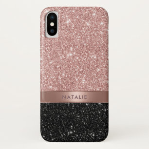 Girly Rose Gold & Black Glitter Custom Name iPhone X Case