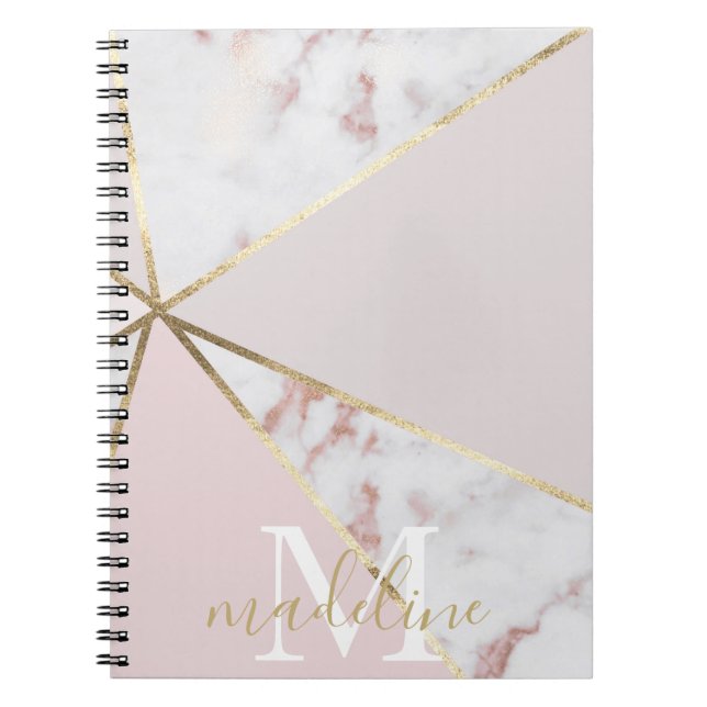 Girly Rose Gold Blush Geometric Monogrammed Notebook (Front)