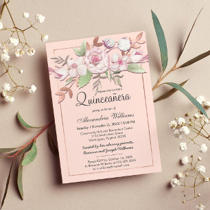 Girly Rose Gold Blush Pink Floral Quinceañera Invitation