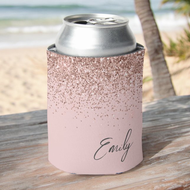 Girly Rose Gold Blush Pink Glitter Monogram Can Cooler (Creator Uploaded)