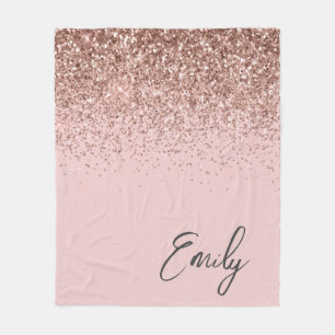 Girly Rose Gold Blush Pink Glitter Monogram Fleece Blanket