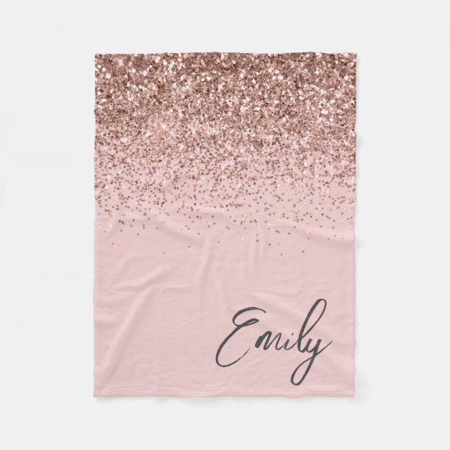 Girly Rose Gold Blush Pink Glitter Monogram Fleece Blanket (Front)