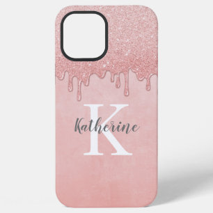 Girly Rose Gold Blush Pink Glitter Monogram iPhone 12 Pro Max Case