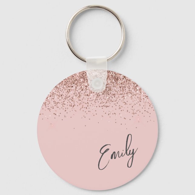 Girly Rose Gold Blush Pink Glitter Monogram Key Ring (Front)