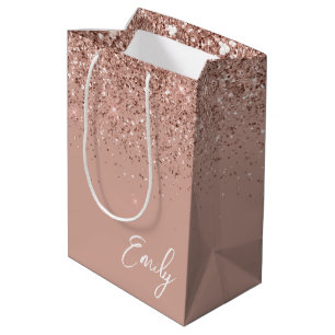 Girly Rose Gold Blush Pink Glitter Monogram Medium Gift Bag