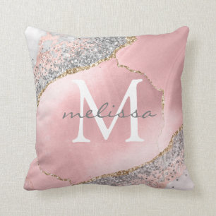 Girly Rose Gold Blush Pink Glitter Monogram Name Cushion