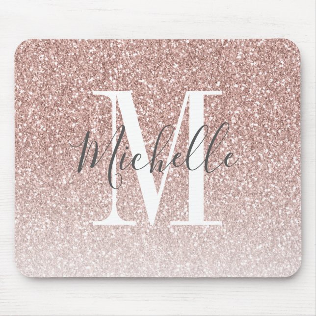 Girly Rose Gold Blush Pink Glitter Monogram Name Mouse Pad (Front)