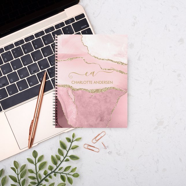 Girly Rose Gold Blush Pink Glitter Monogram Name Notebook (Creator Uploaded)