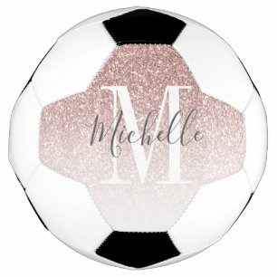 Girly Rose Gold Blush Pink Glitter Monogram Name Soccer Ball