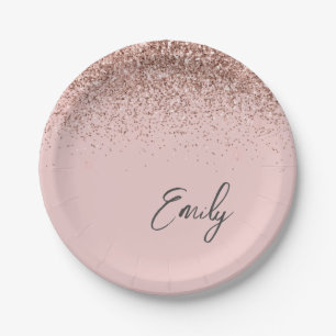 Girly Rose Gold - Blush Pink Glitter Monogram Paper Plate