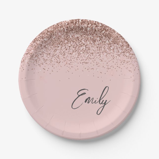 Girly Rose Gold - Blush Pink Glitter Monogram Paper Plate (Front)