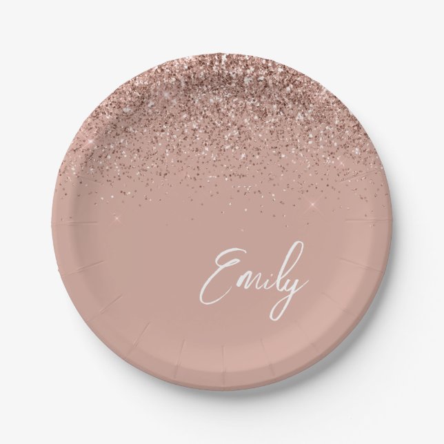 Girly Rose Gold - Blush Pink Glitter Monogram Paper Plate (Front)