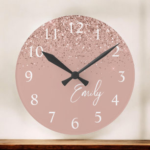 Girly Rose Gold Blush Pink Glitter Monogram Round Clock