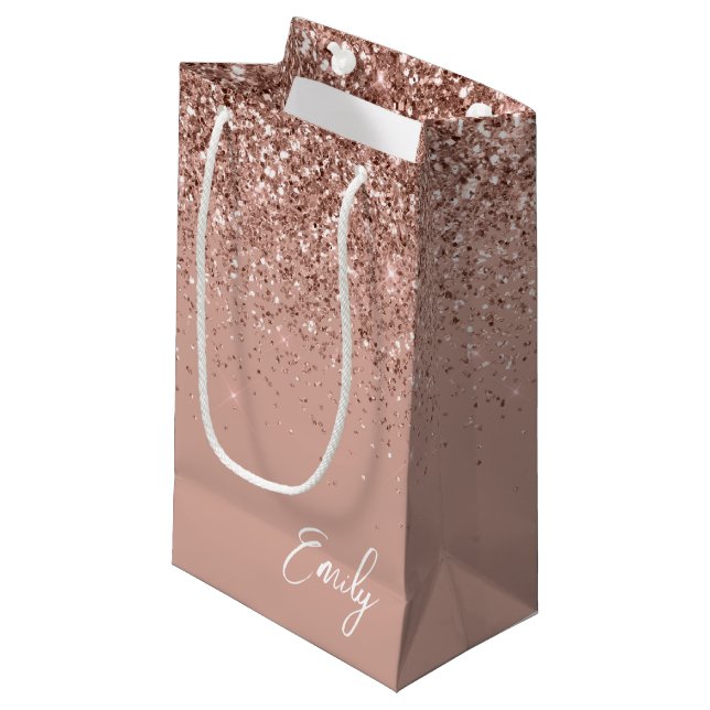 Girly Rose Gold Blush Pink Glitter Monogram Small Gift Bag (Front Angled)