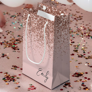 Girly Rose Gold Blush Pink Glitter Monogram Small Gift Bag