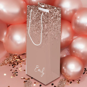Girly Rose Gold Blush Pink Glitter Monogram Wine Gift Bag