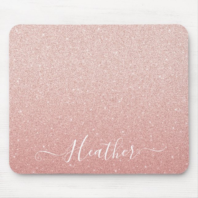 Girly Rose Gold Blush Pink Glitter Mousepad (Front)
