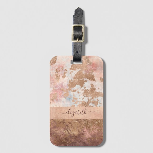 Girly Rose Gold Blush Pink Marble Luggage Tag (Front Vertical)