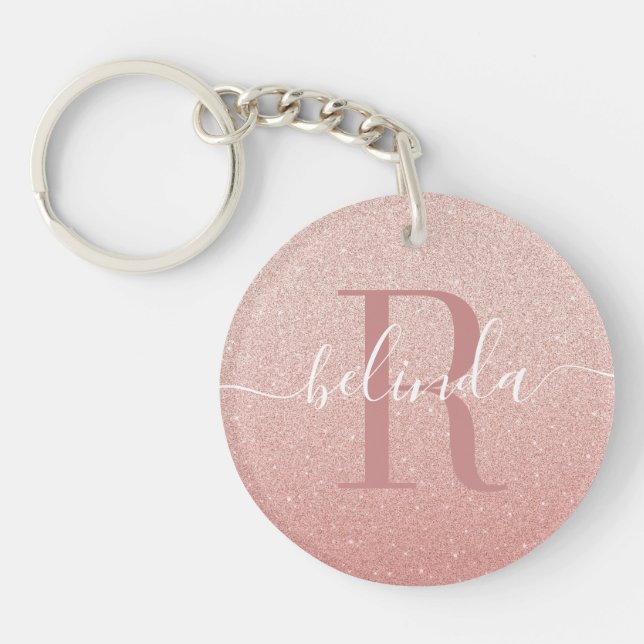 Girly Rose Gold Blush Pink Monogram Name  Key Ring (Front)