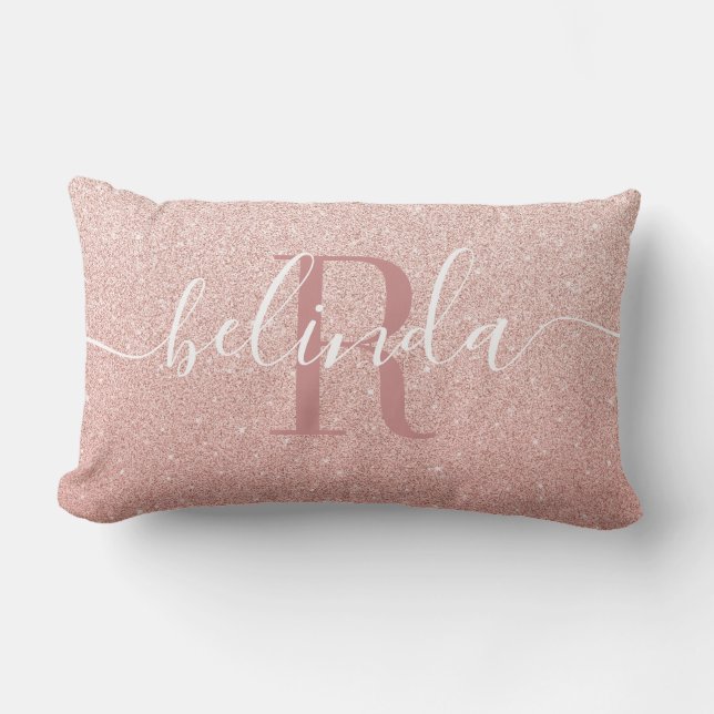 Girly Rose Gold Blush Pink Monogram Name Throw Pil Lumbar Cushion (Front)