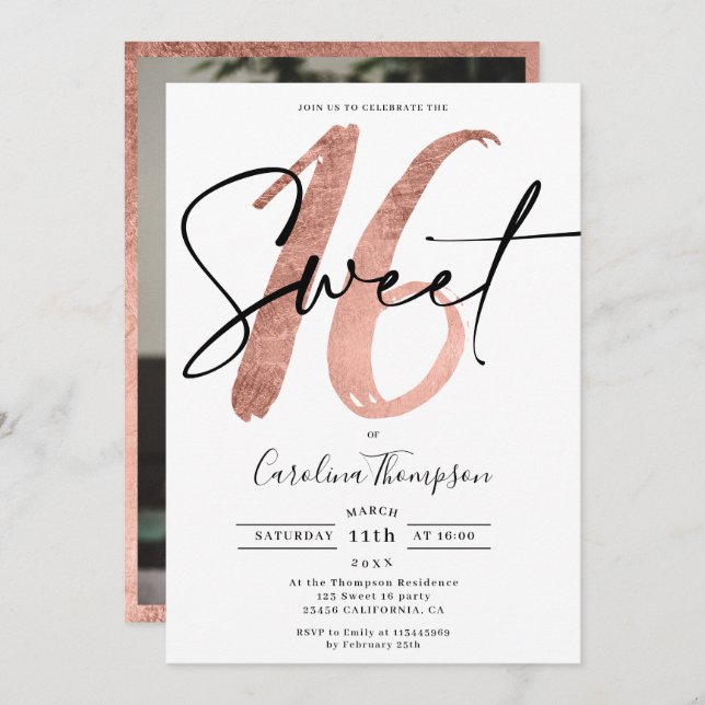 Girly rose gold border script photo Sweet 16 Invitation (Front/Back)