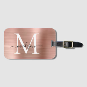 Girly Rose Gold Brushed Metal Monogram Script Luggage Tag