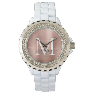 Girly Rose Gold Brushed Metal Monogram Script Name Watch
