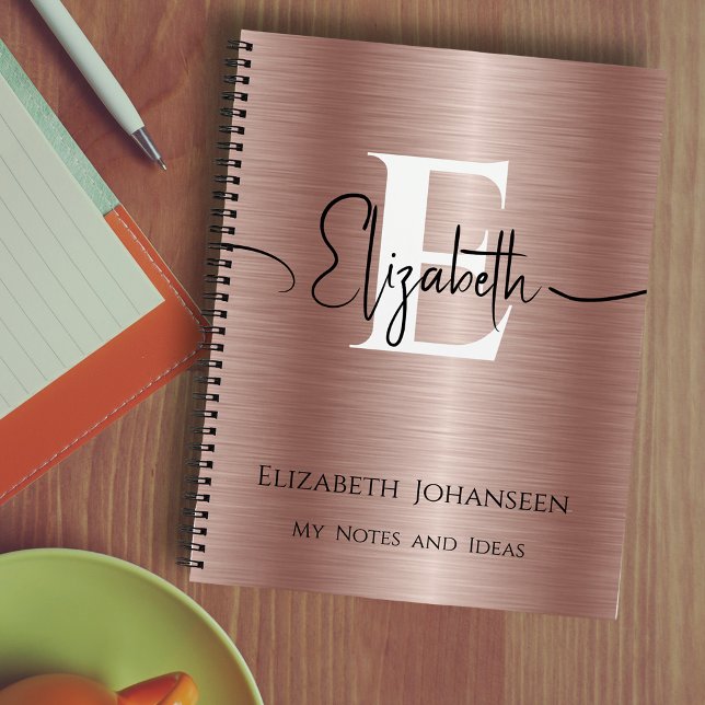 Girly Rose Gold Brushed Metal Script Name Monogram Notebook (Creator Uploaded)