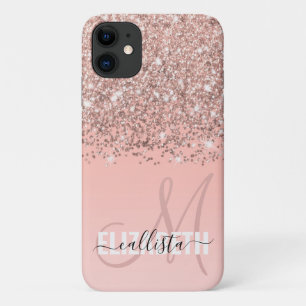Girly Rose Gold Confetti Pink Gradient Monogram iPhone 11 Case