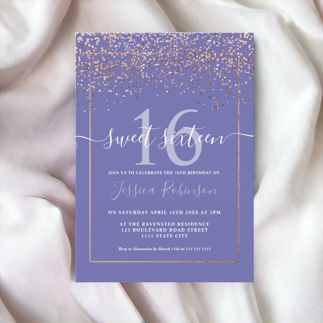 Girly rose gold confetti purple blue chic Sweet 16 Invitation (Girly rose gold confetti purple blue chic Sweet 16 Invitation)