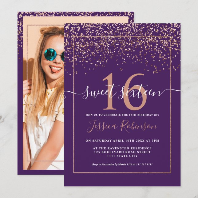 Girly rose gold confetti purple chic Sweet 16 Invitation (Front/Back)