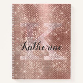 Girly Rose Gold Diamond Glam Sparkle Monogram Name Notebook