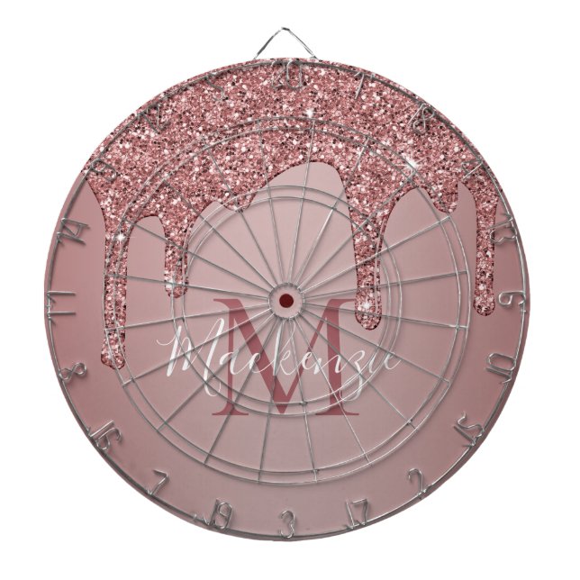 Girly Rose Gold Dripping Glitter Monogram Dartboard (Front)