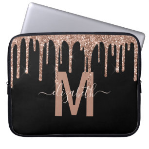 Girly Rose Gold Dripping Glitter Monogram Name Laptop Sleeve