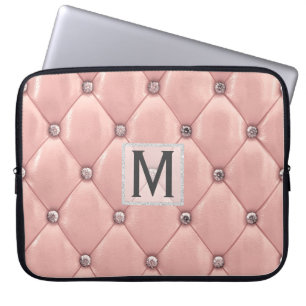 Girly Rose Gold Faux Leather Diamonds Monogrammed Laptop Sleeve