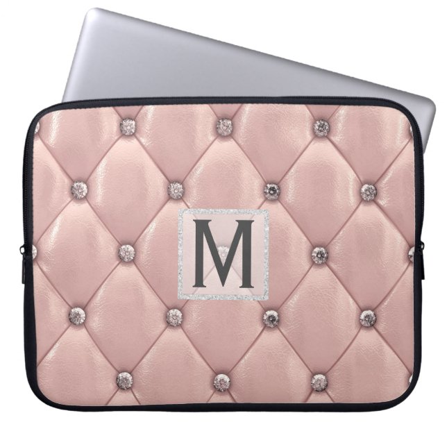 Girly Rose Gold Faux Leather|Diamonds Monogrammed Laptop Sleeve (Front)