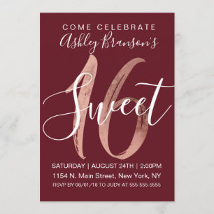 Girly Rose Gold Foil Burgundy Red Sweet 16 Invitation