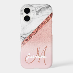 Girly Rose Gold Foil Glitter Grey Marble Monogram