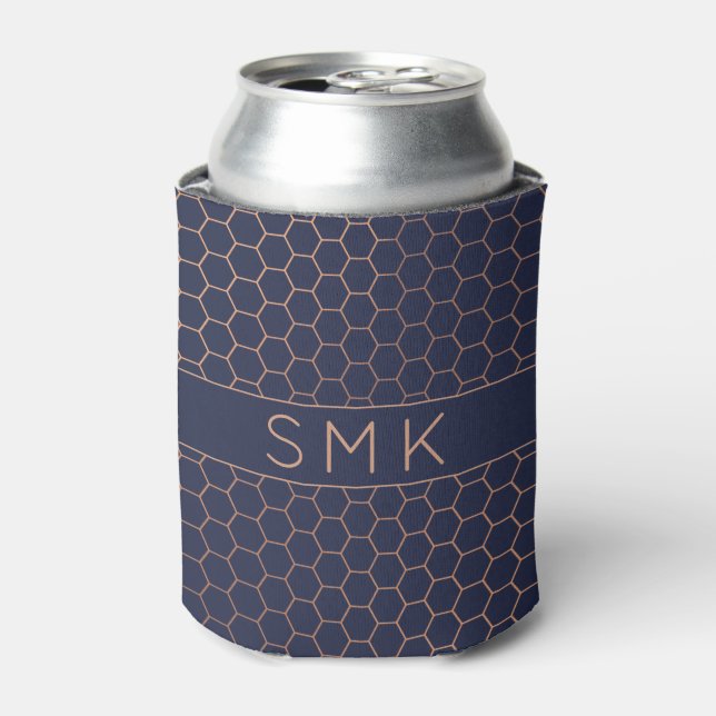 Girly Rose Gold Foil Navy Hexagon Honeycomb Can Cooler (Can Front)