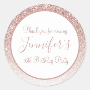 Girly Rose Gold Glitter 16th Birthday Thank You Classic Round Sticker