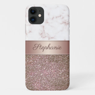 Girly Rose Gold Glitter and Marble Add Name iPhone 11 Case