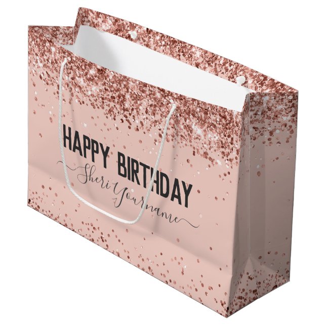 Girly Rose Gold Glitter Birthday Gift Bag (Front Angled)
